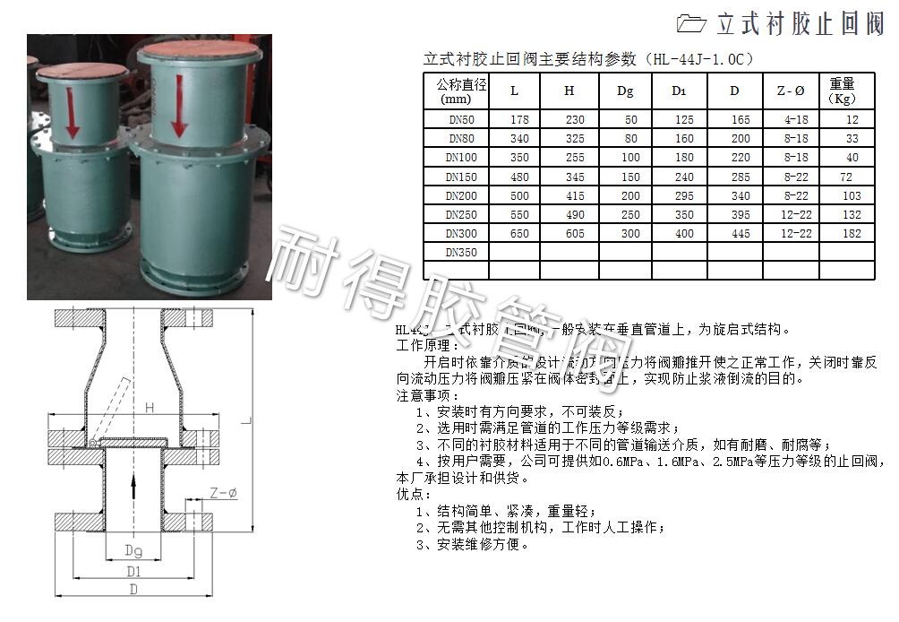 立式衬胶止回阀产品参数